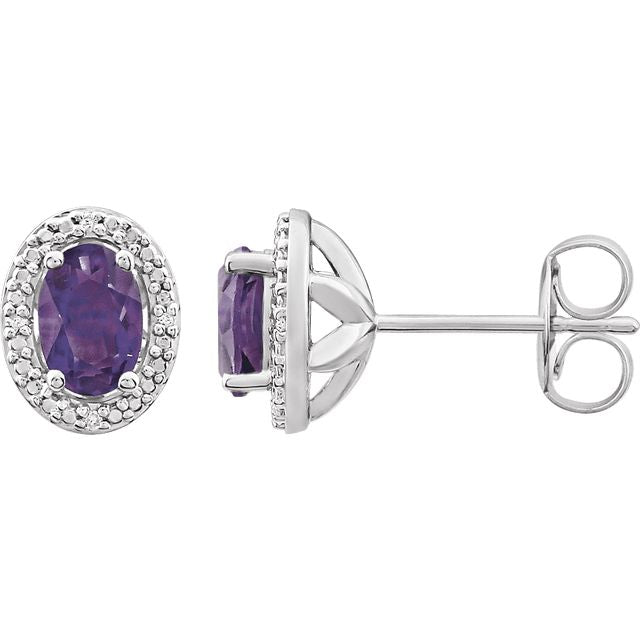 Oval Diamond Halo Birthstone Earrings .925 Sterling Silver