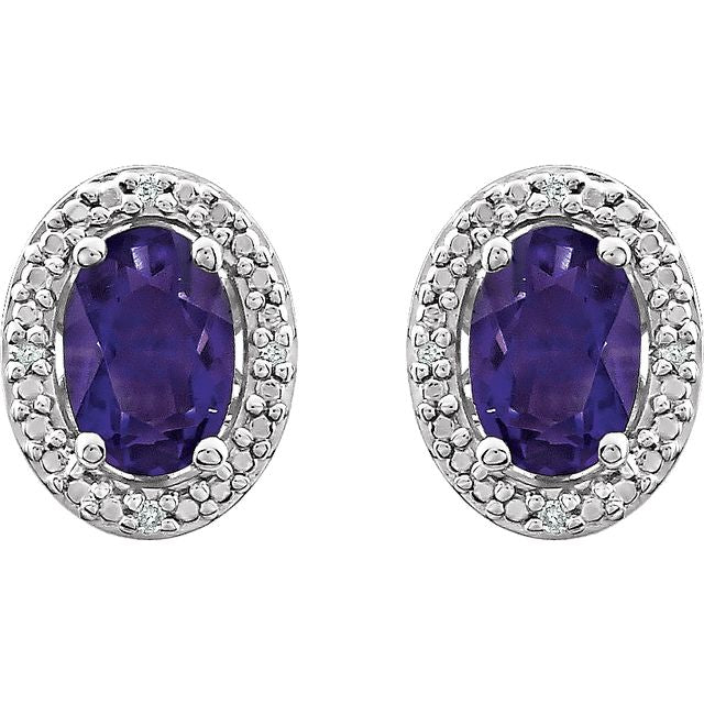 Oval Diamond Halo Birthstone Earrings .925 Sterling Silver