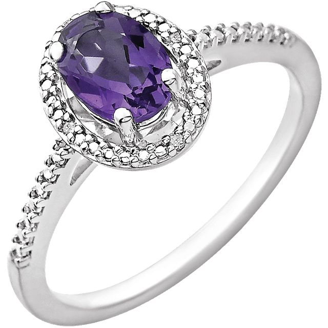 Oval .01 CTW Diamond Halo Birthstone Ring in .925 Sterling Silver