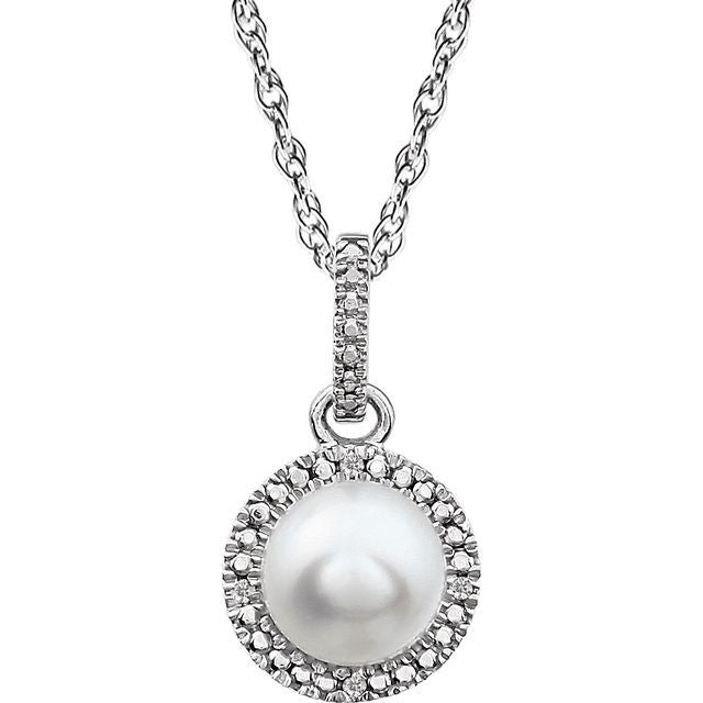 June Cultured Freshwater Pearl Round .01 CTW Diamond Halo Birthstone Solitaire Necklace in .925 Sterling Silver