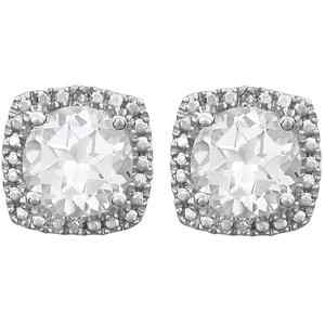 Sterling Silver April Birthstone Halo 6mm White Sapphire and .015 CTW Diamond Earrings