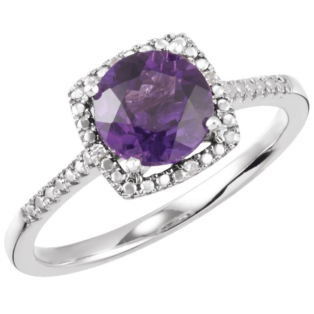 Sterling Silver .01 CTW Diamond Halo Birthstone Ring February Birthstone Amethyst