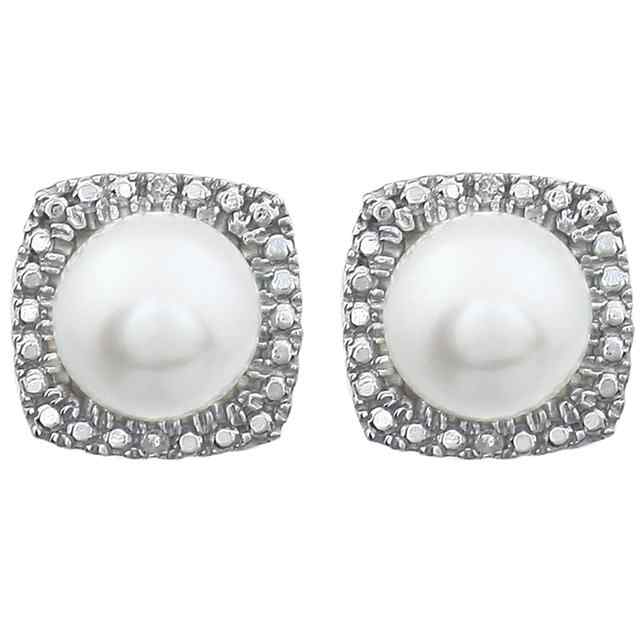 Sterling Silver June Birthstone Halo 6mm Cultured Freshwater Pearl and .015 CTW Diamond Earrings