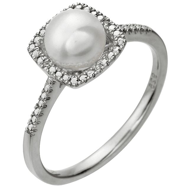 Sterling Silver .01 CTW Diamond Halo Birthstone Ring June Birthstone Cultured Freshwater Pearl