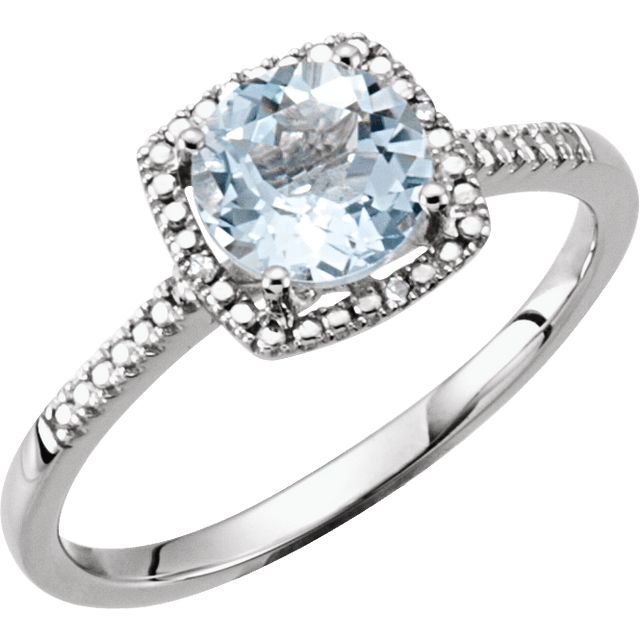 Sterling Silver .01 CTW Diamond Halo Birthstone Ring March Birthstone Aquamarine