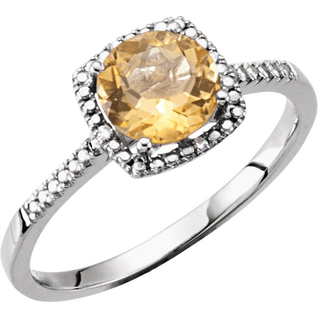 Sterling Silver .01 CTW Diamond Halo Birthstone Ring November Birthstone Citrine