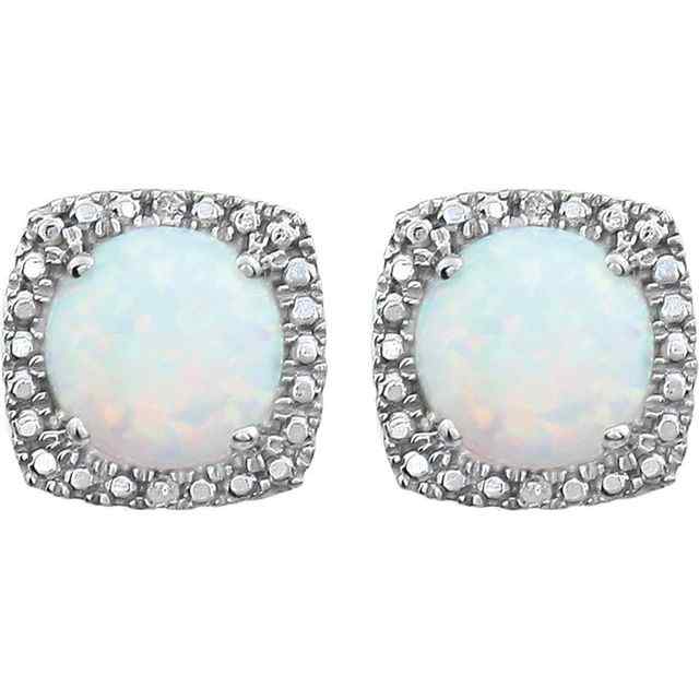 Sterling Silver October Birthstone Halo 6mm Created Opal and .015 CTW Diamond Earrings Front View.