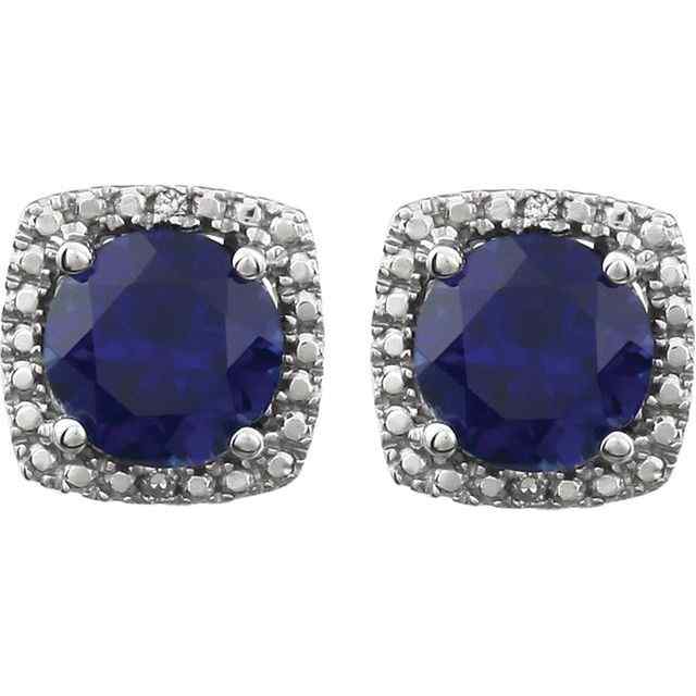 Sterling Silver September Birthstone Halo 6mm Cultured Lab Created Blue Sapphire and .015 CTW Diamond Earrings