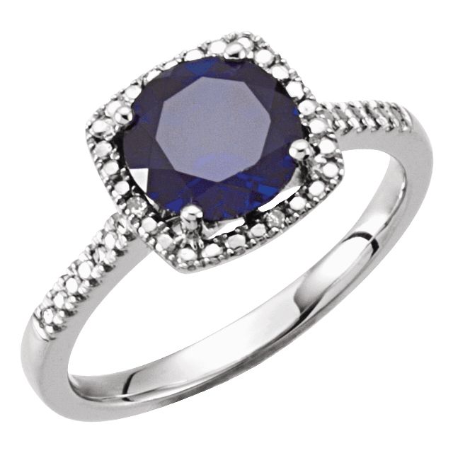 Sterling Silver .01 CTW Diamond Halo Birthstone Ring September Birthstone Lab Created Blue Sapphire