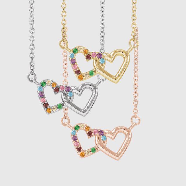 Three Rainbow Double Heart Necklaces shown in 14k Gold and with Natural Gemstones