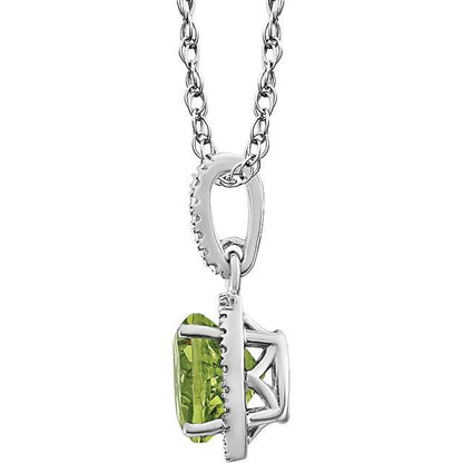 August Peridot Round .01 CTW Diamond Halo Birthstone Solitaire Necklace in .925 Sterling Silver Side View