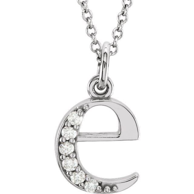 Lower Case Initial Necklace with Diamonds 14k Solid White Gold Letter e
