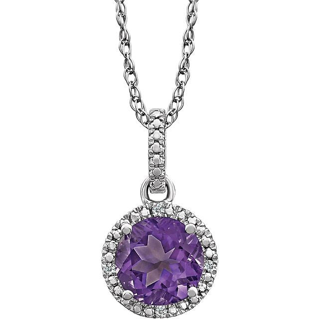 February Amethyst Round .01 CTW Diamond Halo Birthstone Solitaire Necklace in .925 Sterling Silver