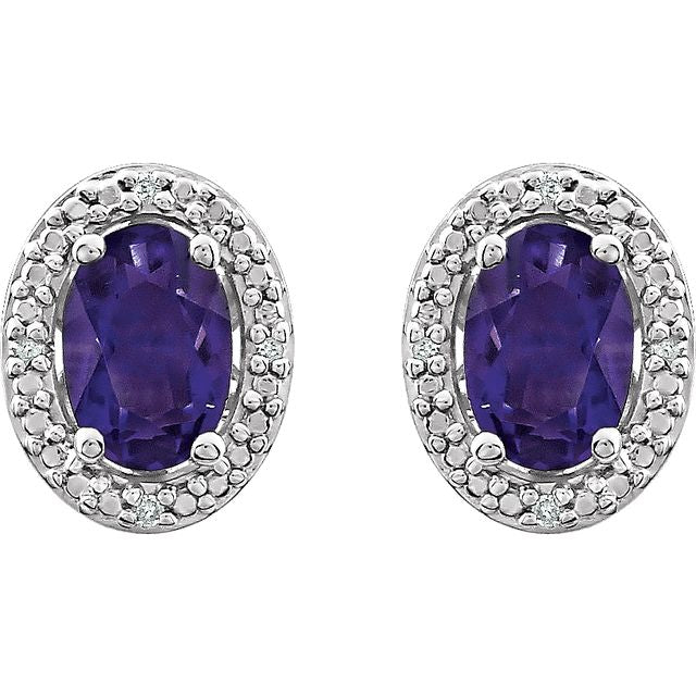 Oval Diamond Halo Birthstone Earrings .925 Sterling Silver