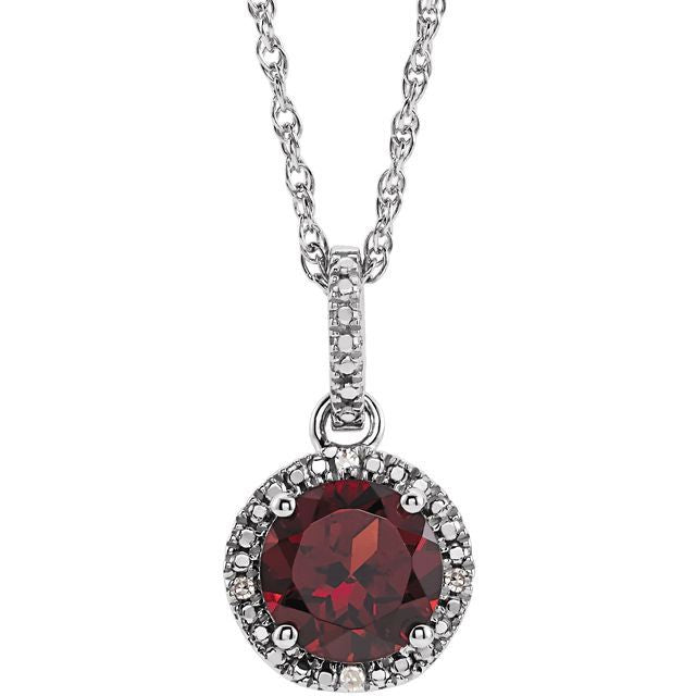 January Mozambique Garnet Round .01 CTW Diamond Halo Birthstone Solitaire Necklace in .925 Sterling Silver