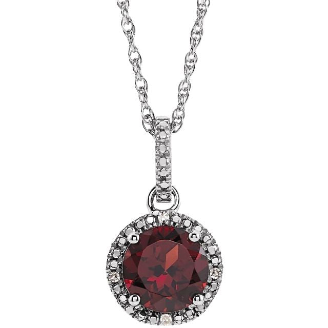 January Mozambique Garnet 1 CTW Diamond Halo Birthstone Solitaire Necklace in .925 Sterling Silver