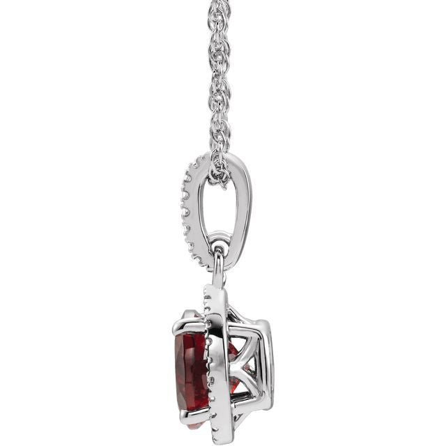 January Mozambique Garnet Round .01 CTW Diamond Halo Birthstone Solitaire Necklace in .925 Sterling Silver Side View
