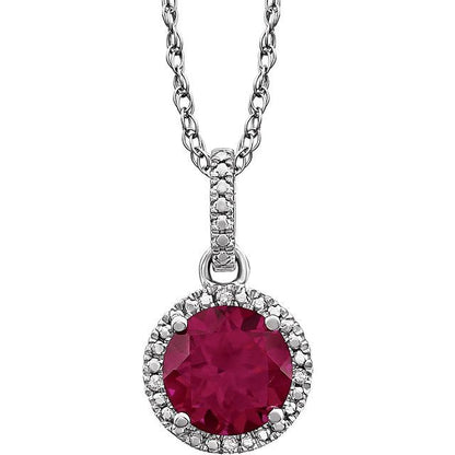 July Lab Created Ruby Round .01 CTW Diamond Halo Birthstone Solitaire Necklace in .925 Sterling Silver