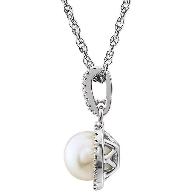 June Cultured Freshwater Pearl Round .01 CTW Diamond Halo Birthstone Solitaire Necklace in .925 Sterling Silver
