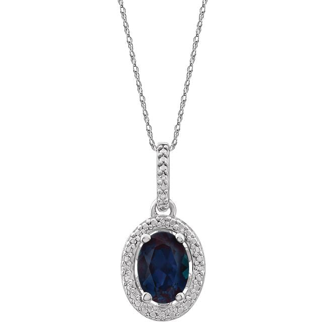 Oval Diamond Halo Birthstone Necklace .925 Sterling Silver