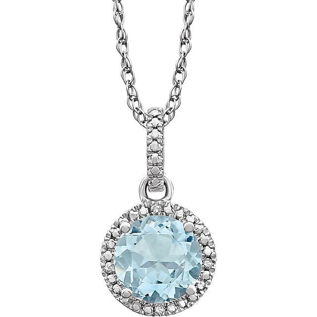 March Aquamarine Round .01 CTW Diamond Halo Birthstone Solitaire Necklace in .925 Sterling Silver