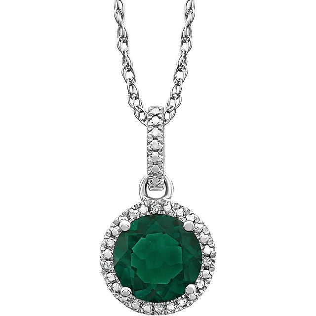 May Lab Created Emerald Round .01 CTW Diamond Halo Birthstone Solitaire Necklace in .925 Sterling Silver