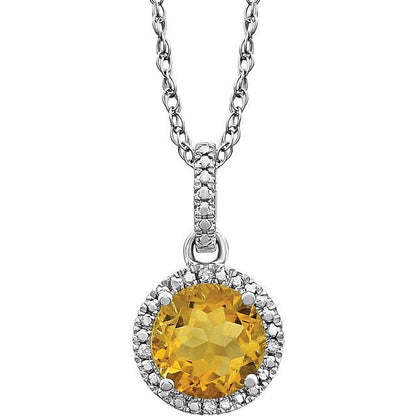 November Citrine Round .01 CTW Diamond Halo Birthstone Solitaire Necklace in .925 Sterling Silver