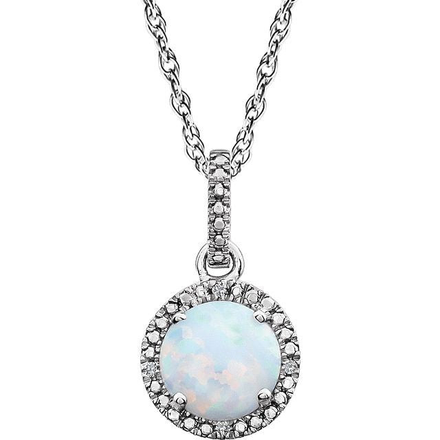October Lab Created Opal Round .01 CTW Diamond Halo Birthstone Solitaire Necklace in .925 Sterling Silver