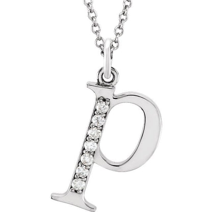 Lower Case Initial Necklace with Diamonds 14k Solid White Gold Letter p
