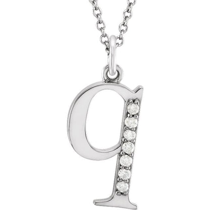 Lower Case Initial Necklace with Diamonds 14k Solid White Gold Letter q
