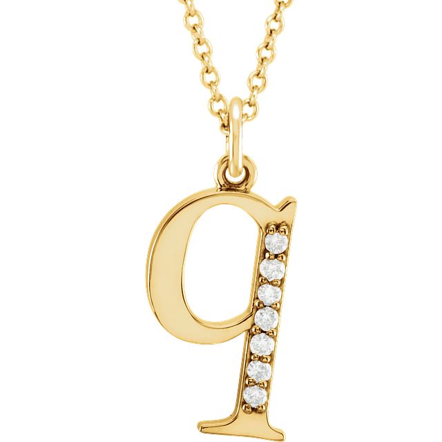 Lower Case Initial Necklace with Diamonds 14k Solid Yellow Gold Letter q