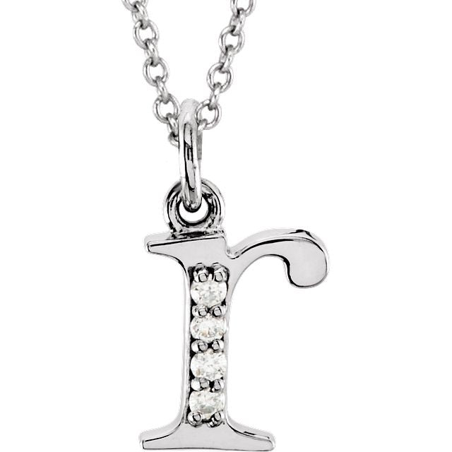 Lower Case Initial Necklace with Diamonds 14k Solid White Gold Letter r