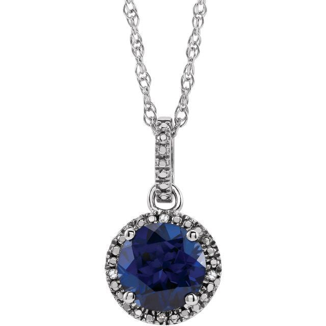 September Lab Created Blue Sapphire Round .01 CTW Diamond Halo Birthstone Solitaire Necklace in .925 Sterling Silver