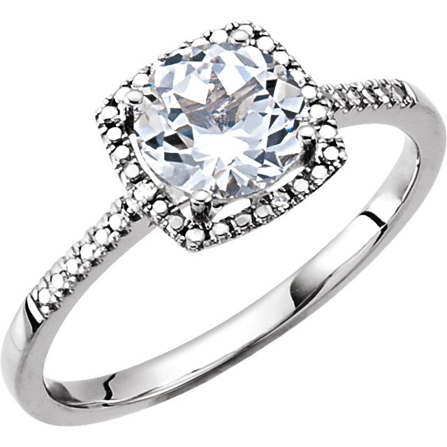 Sterling Silver .01 CTW Diamond Halo Birthstone Ring April Birthstone Lab Created White Sapphire