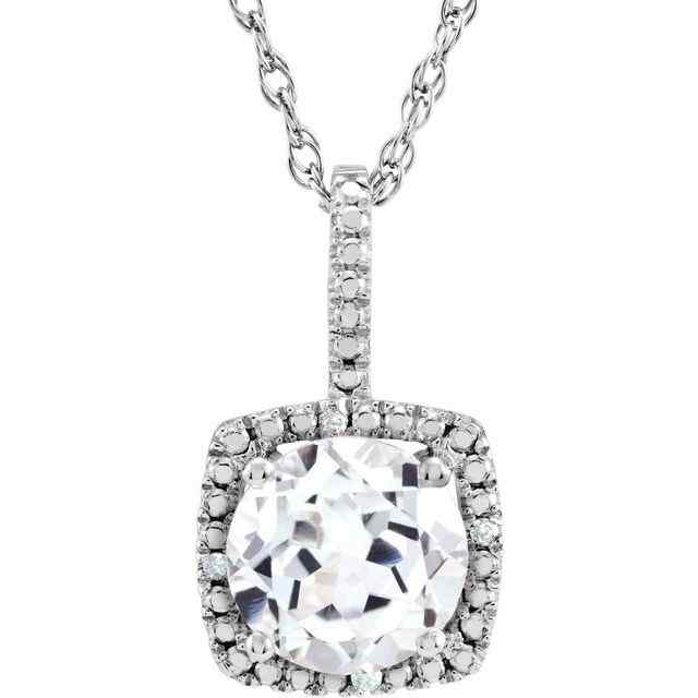 Sterling Silver April Birthstone 7mm White Sapphire and .015 CTW Diamond Halo Necklace