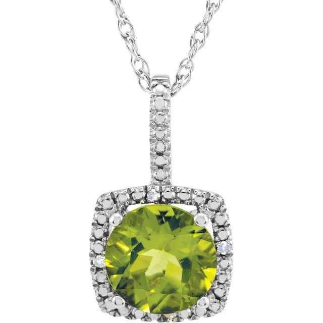 Sterling Silver August Birthstone 7mm Peridot and .015 CTW Diamond Halo Necklace