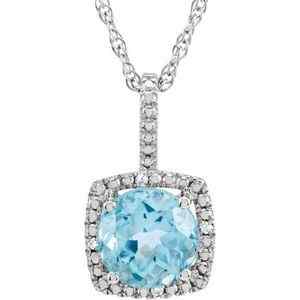 Sterling Silver December Birthstone 7mm Blue Topaz and .015 CTW Diamond Halo Necklace