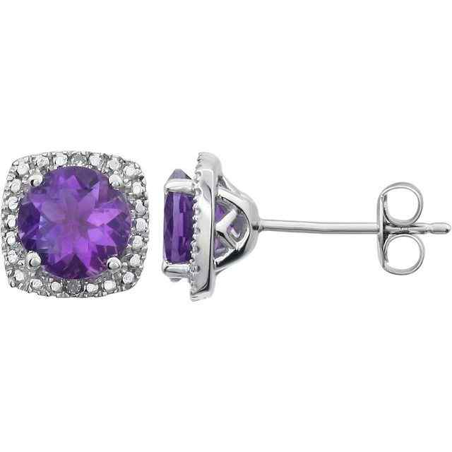 Sterling Silver February Birthstone Halo 6mm Amethyst and .015 CTW Diamond Earrings