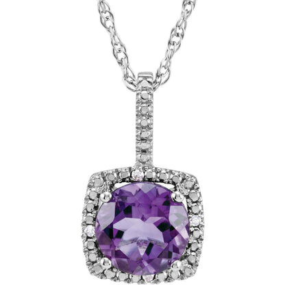 Sterling Silver February Birthstone 7mm Amethyst and .015 CTW Diamond Halo Necklace