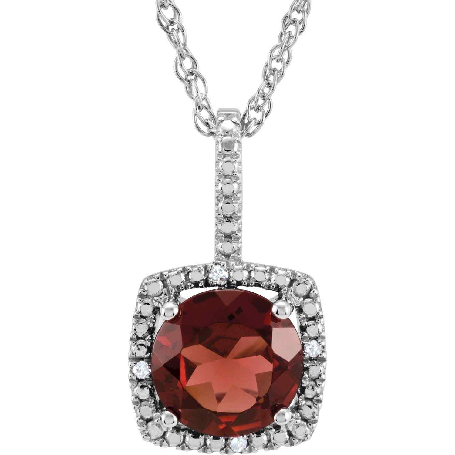 Sterling Silver January Birthstone 7mm Mozambique Garnet and .015 CTW Diamond Halo Necklace