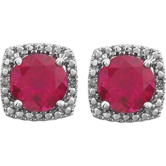 Sterling Silver July Birthstone Halo 6mm Lab Created Ruby and .015 CTW Diamond Earrings