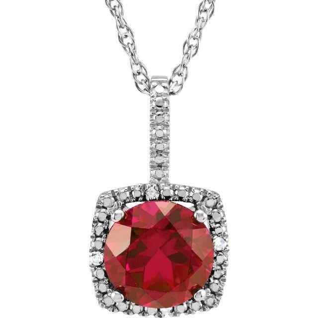 Sterling Silver July Birthstone 7mm Lab Created Ruby and .015 CTW Diamond Halo Necklace