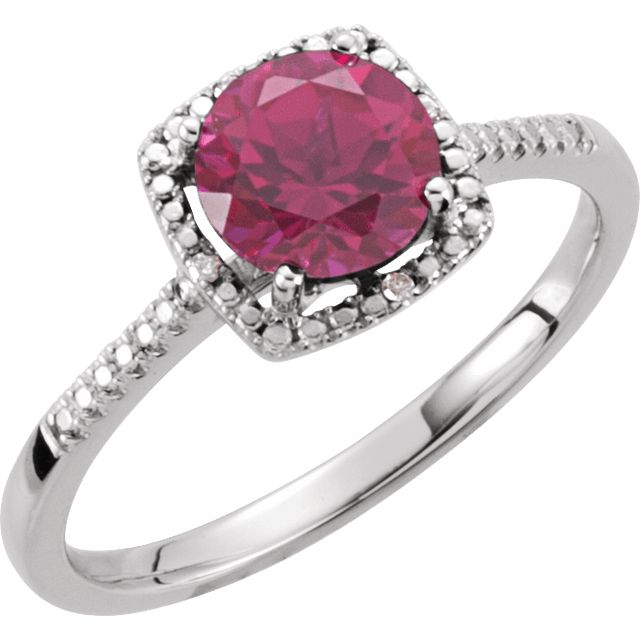 Sterling Silver .01 CTW Diamond Halo Birthstone Ring July Birthstone Lab Created Ruby