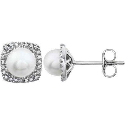 Sterling Silver June Birthstone Halo 6mm Cultured Freshwater Pearl and .015 CTW Diamond Earrings