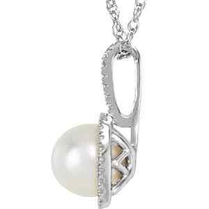 Sterling Silver June Birthstone 7mm Cultured Freshwater Pearl and .015 CTW Diamond Halo Necklace