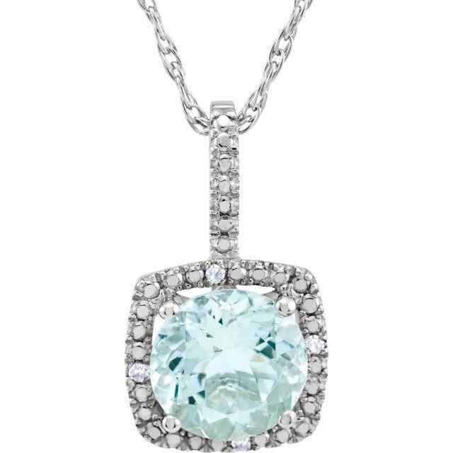 Sterling Silver March Birthstone 7mm Aquamarine and .015 CTW Diamond Halo Necklace