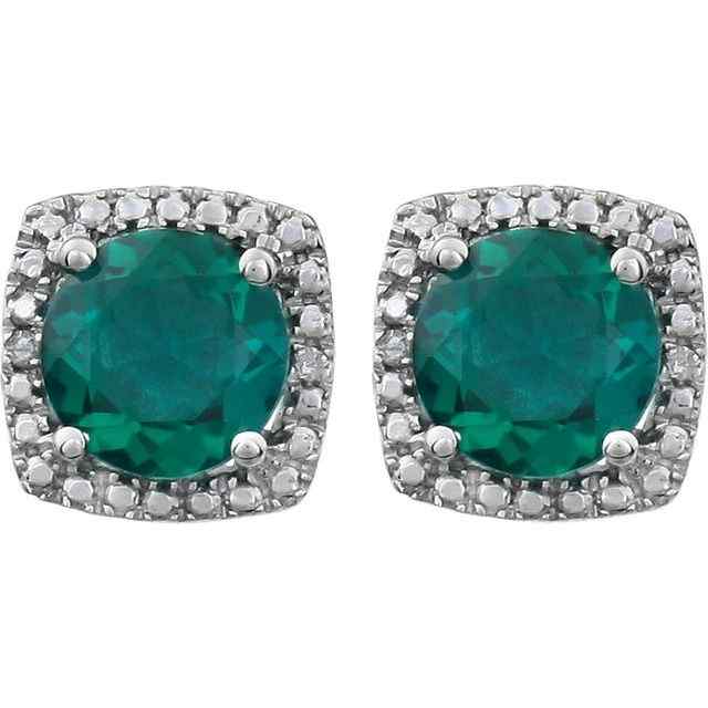 Sterling Silver May Birthstone Halo 6mm Lab Created Emerald and .015 CTW Diamond Earrings