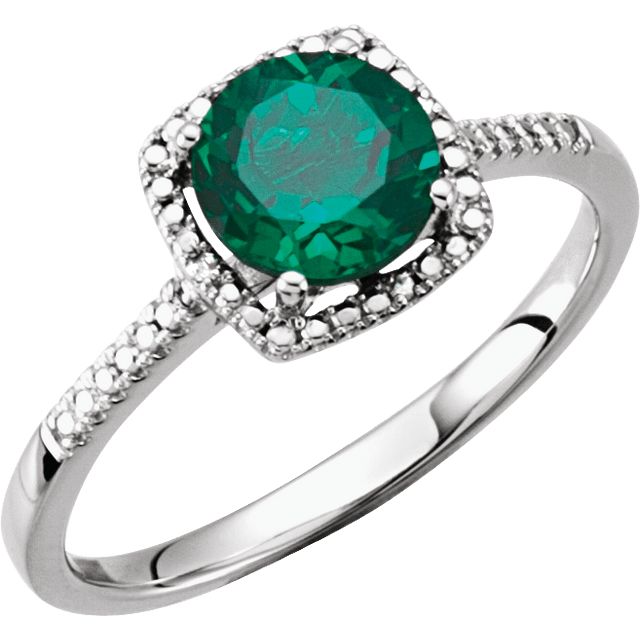 Sterling Silver .01 CTW Diamond Halo Birthstone Ring May Birthstone Lab Created Emerald