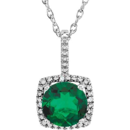 Sterling Silver May Birthstone 7mm Lab Created Emerald and .015 CTW Diamond Halo Necklace