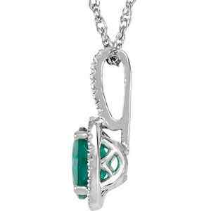 Sterling Silver May Birthstone 7mm Lab Created Emerald and .015 CTW Diamond Halo Necklace Side View